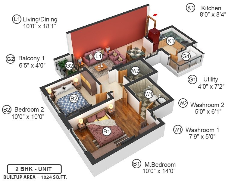 Floor plan of 2 BHK 1024 Sq. Ft. Apartment in Doshi Risington, Chennai