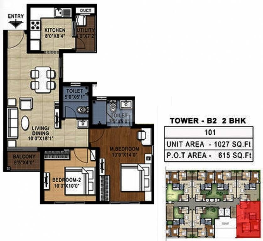 Floor plan of 2 BHK 1027 Sq. Ft. Apartment in Doshi Risington, Chennai