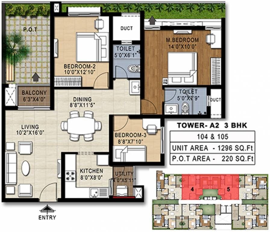 Floor plan of 3 BHK 1296 Sq. Ft. Apartment in Doshi Risington, Chennai