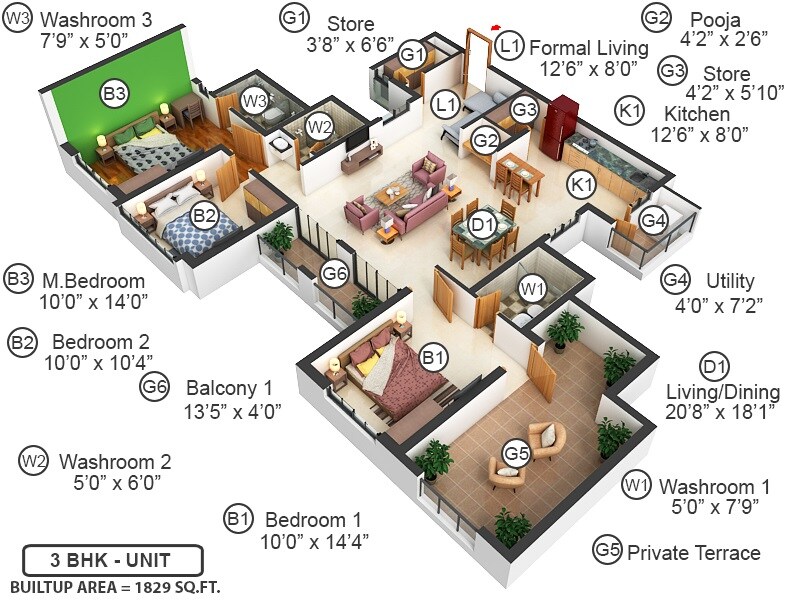 Floor plan of 3 BHK 1829 Sq. Ft. Apartment in Doshi Risington, Chennai