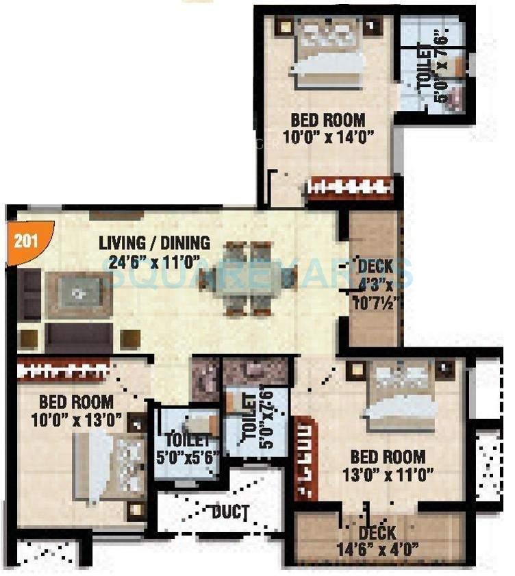 Floor plan of 2 BHK 725 Sq. Ft. Apartment in Doshi Silver Park Apartments, Chennai