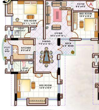 Floor plan of 3 BHK 1495 Sq. Ft. Apartment in Doshi Sri Mahalakshmi Apartments, Chennai