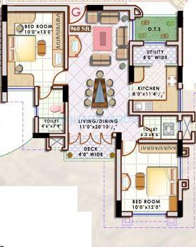 Floor plan of 2 BHK 960 Sq. Ft. Apartment in Doshi Sri Mahalakshmi Utsav, Chennai