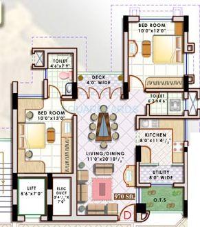 Floor plan of 2 BHK 970 Sq. Ft. Apartment in Doshi Sri Mahalakshmi Utsav, Chennai