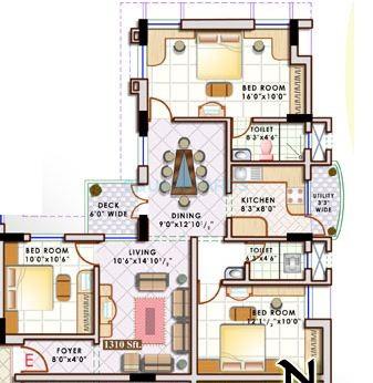 Floor plan of 3 BHK 1310 Sq. Ft. Apartment in Doshi Sri Mahalakshmi Utsav, Chennai