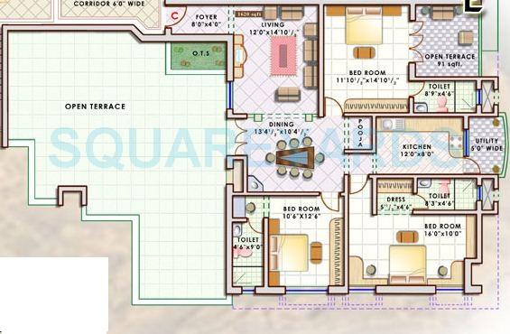 Floor plan of 3 BHK 1620 Sq. Ft. Apartment in Doshi Sri Mahalakshmi Utsav, Chennai