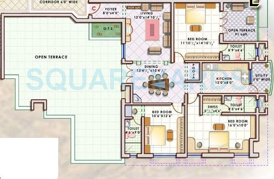 Floor plan of 3 BHK 1698 Sq. Ft. Apartment in Doshi Sri Mahalakshmi Utsav, Chennai