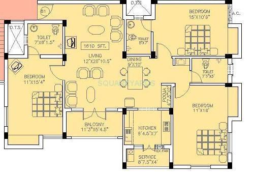 Floor plan of 2 BHK 1030 Sq. Ft. Apartment in Doshi Trinity Park, Chennai