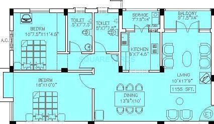Floor plan of 2 BHK 1155 Sq. Ft. Apartment in Doshi Trinity Park, Chennai