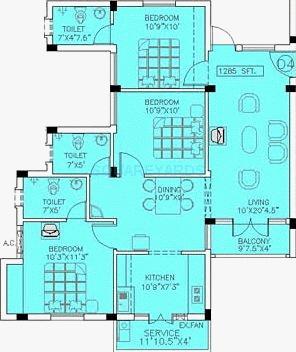 Floor plan of 3 BHK 1610 Sq. Ft. Apartment in Doshi Trinity Park, Chennai