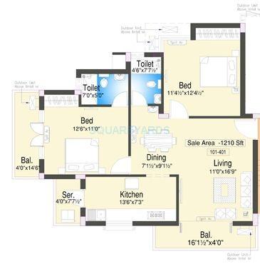 Floor plan of 2 BHK 1210 Sq. Ft. Apartment in Doshi Tulip, Chennai