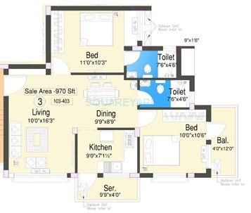 Floor plan of 2 BHK 970 Sq. Ft. Apartment in Doshi Tulip, Chennai