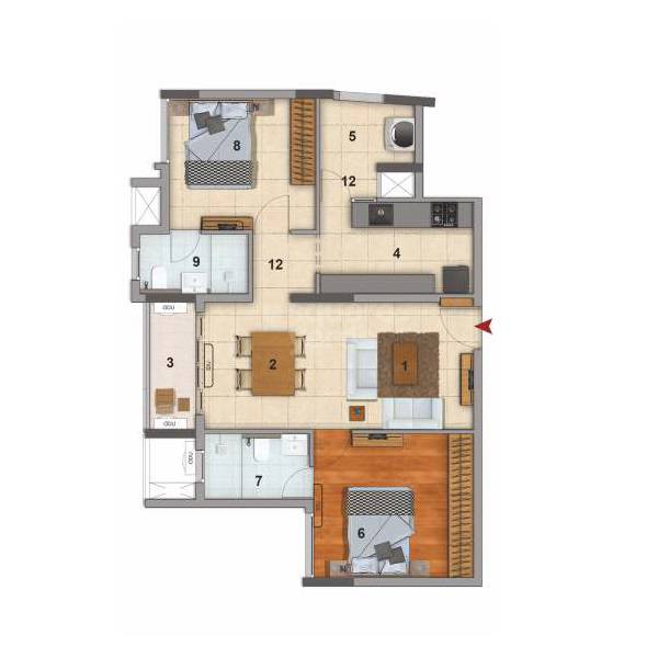 Floor plan of 2 BHK 1100 Sq. Ft. Apartment in DRA 90 Degrees, Chennai