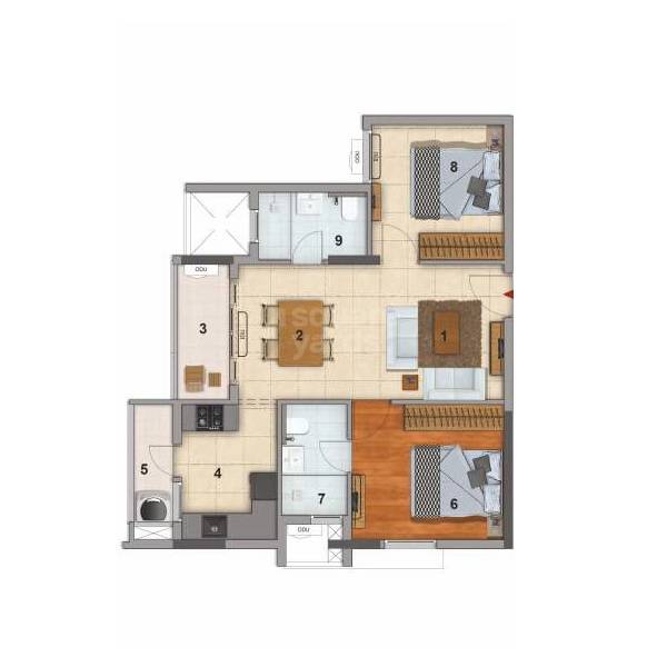 Floor plan of 2 BHK 965 Sq. Ft. Apartment in DRA 90 Degrees, Chennai