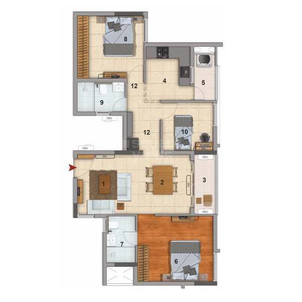 Floor plan of 3 BHK 1215 Sq. Ft. Apartment in DRA 90 Degrees, Chennai