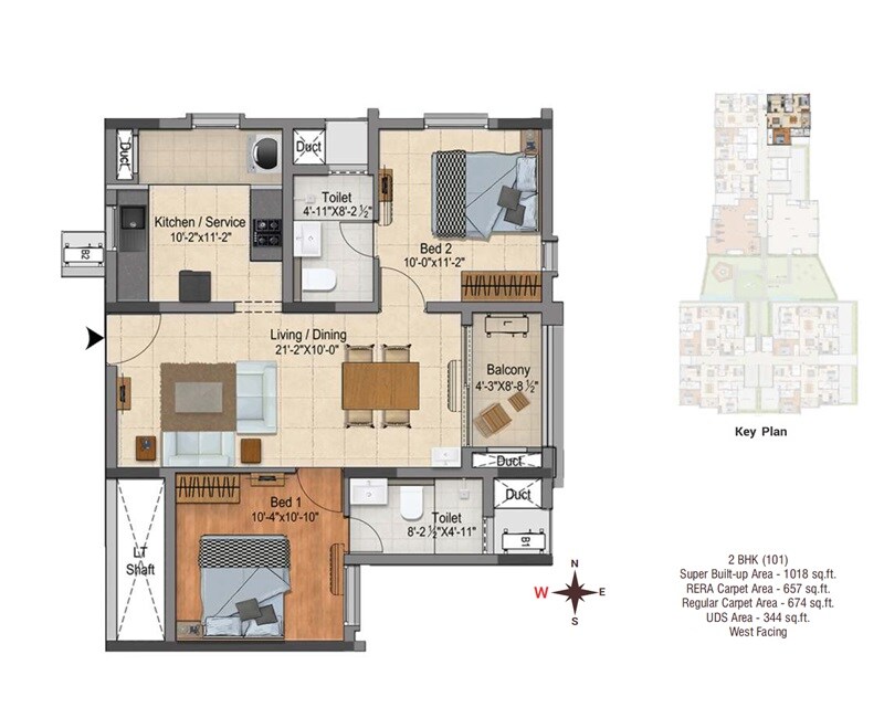 Floor plan of 2 BHK 1018 Sq. Ft. Apartment in DRA Ascot, Chennai