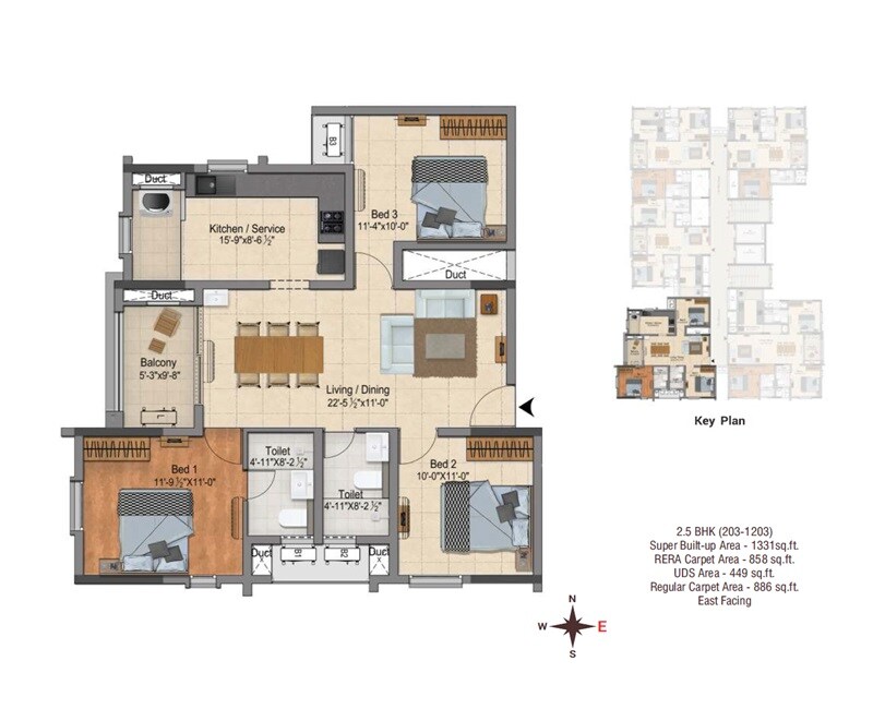 Floor plan of 2 BHK 1331 Sq. Ft. Apartment in DRA Ascot, Chennai