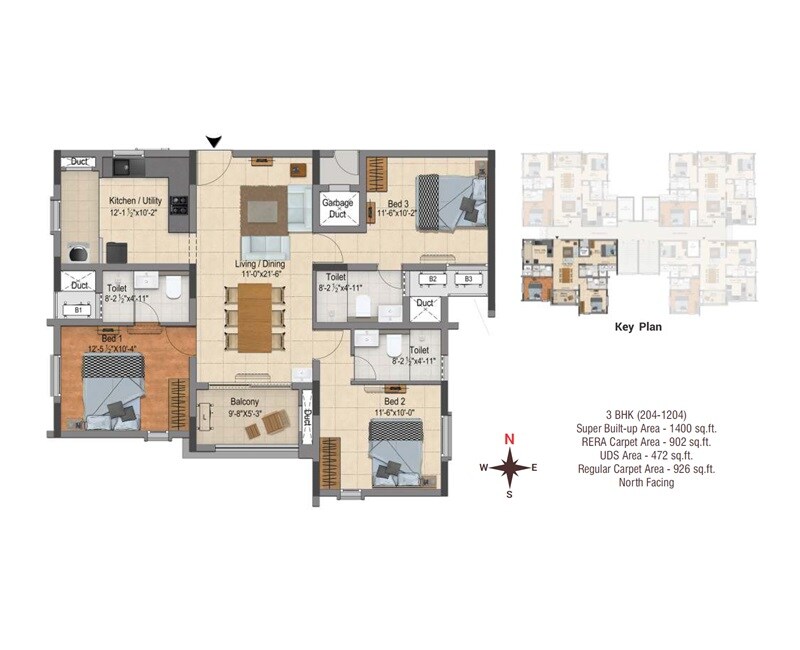 Floor plan of 3 BHK 1400 Sq. Ft. Apartment in DRA Ascot, Chennai