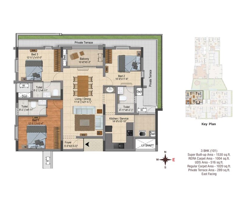 Floor plan of 3 BHK 1530 Sq. Ft. Apartment in DRA Ascot, Chennai