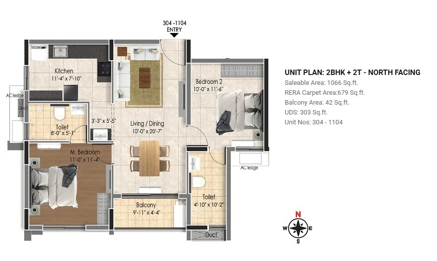 Floor plan of 2 BHK 1066 Sq. Ft. Apartment in DRA Astra, Chennai