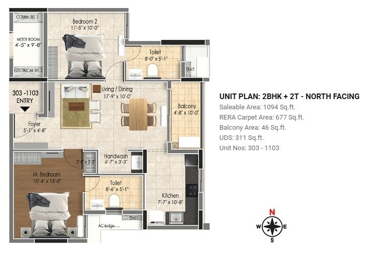 Floor plan of 2 BHK 1094 Sq. Ft. Apartment in DRA Astra, Chennai