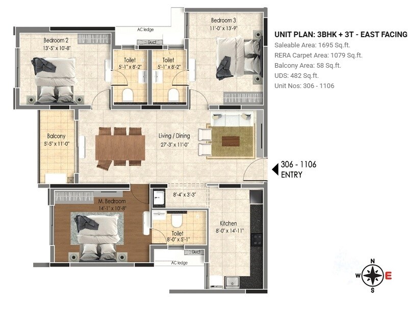 Floor plan of 2 BHK 1695 Sq. Ft. Apartment in DRA Astra, Chennai