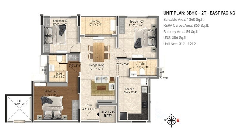 Floor plan of 3 BHK 1360 Sq. Ft. Apartment in DRA Astra, Chennai