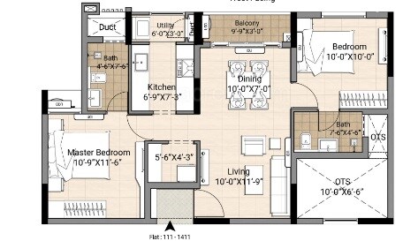 Floor plan of 2 BHK 1015 Sq. Ft. Apartment in DRA Centralia, Chennai