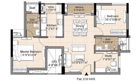 Floor plan of 2 BHK 1043 Sq. Ft. Apartment in DRA Centralia, Chennai