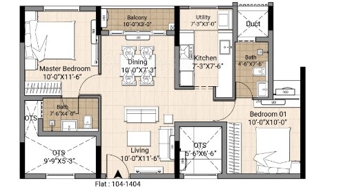 Floor plan of 2 BHK 979 Sq. Ft. Apartment in DRA Centralia, Chennai