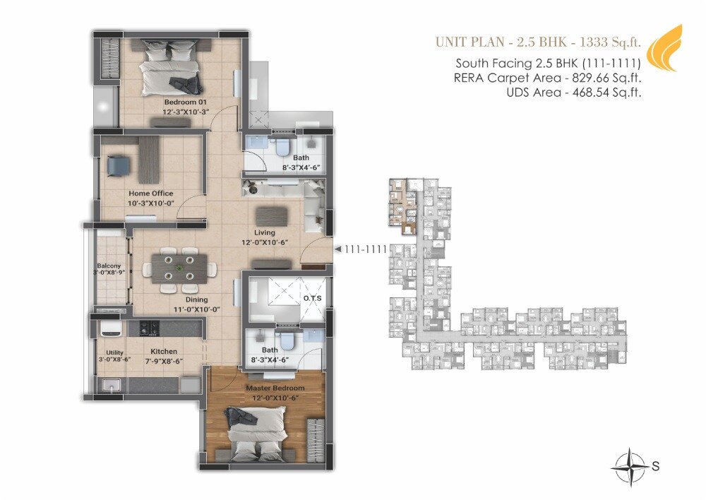 Floor plan of 2 BHK 1333 Sq. Ft. Apartment in DRA D Elite, Chennai
