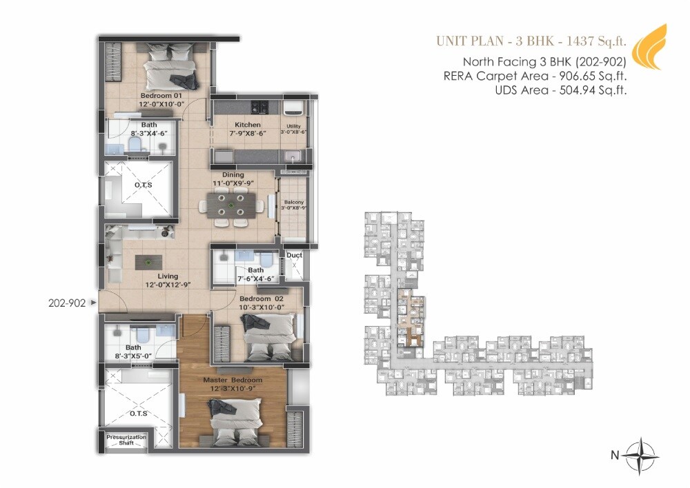 Floor plan of 3 BHK 1437 Sq. Ft. Apartment in DRA D Elite, Chennai