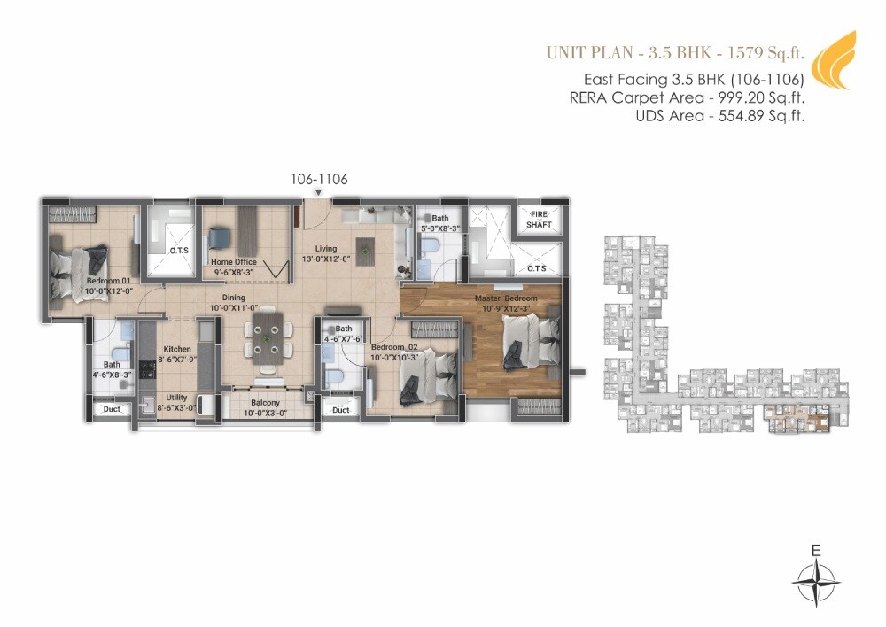 Floor plan of 3 BHK 1579 Sq. Ft. Apartment in DRA D Elite, Chennai