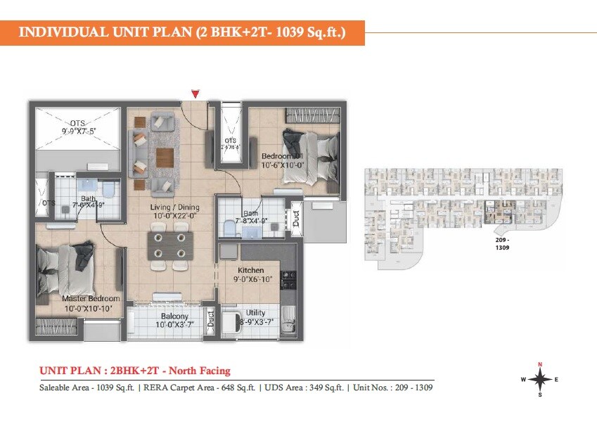 Floor plan of 2 BHK 1039 Sq. Ft. Apartment in DRA Harmony, Chennai