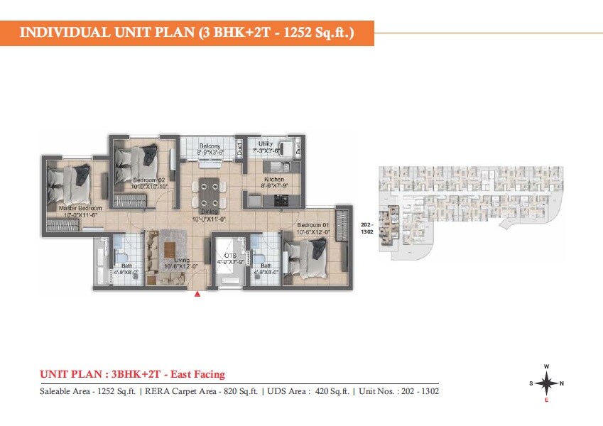 Floor plan of 3 BHK 1252 Sq. Ft. Apartment in DRA Harmony, Chennai
