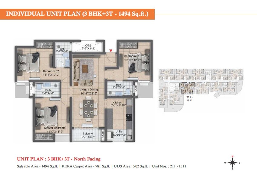 Floor plan of 3 BHK 1494 Sq. Ft. Apartment in DRA Harmony, Chennai