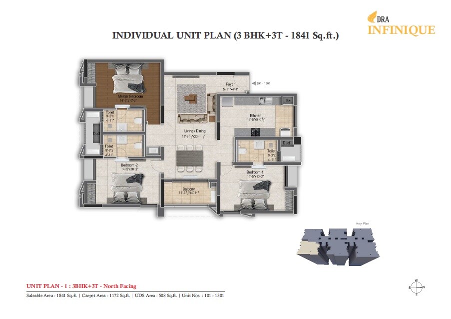 Floor plan of 3 BHK 1841 Sq. Ft. Apartment in DRA Infinique, Chennai