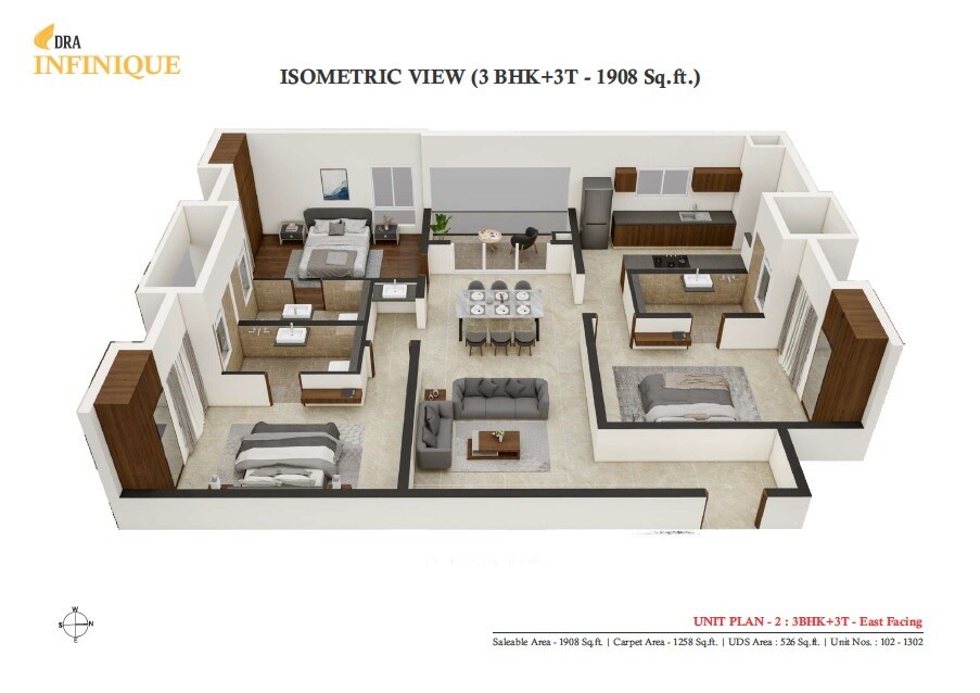 Floor plan of 3 BHK 1908 Sq. Ft. Apartment in DRA Infinique, Chennai