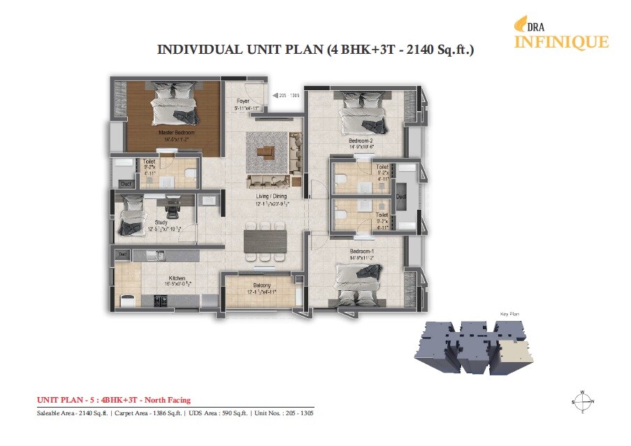 Floor plan of 4 BHK 2140 Sq. Ft. Apartment in DRA Infinique, Chennai
