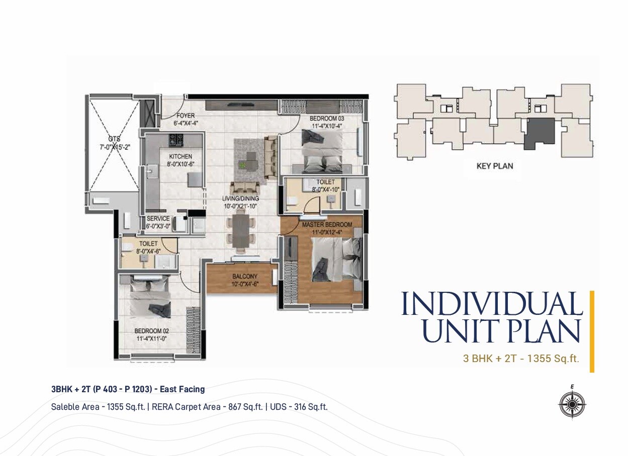 Floor plan of 3 BHK 1335 Sq. Ft. Apartment in DRA Marina 100, Chennai