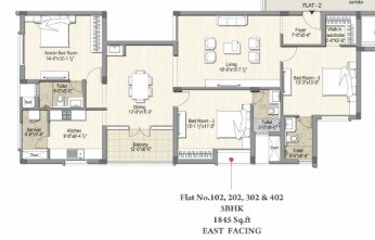 Floor plan of 3 BHK 1845 Sq. Ft. Apartment in DRA Pristine Pavilion 1, Chennai