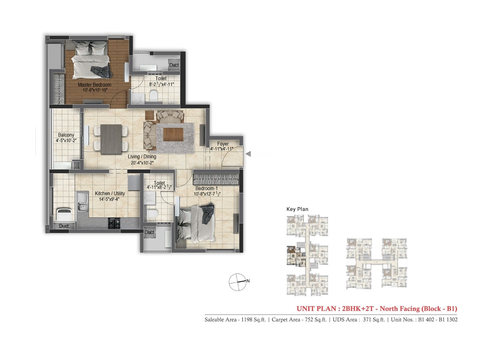 Floor plan of 2 BHK 1198 Sq. Ft. Apartment in DRA Skylantis, Chennai