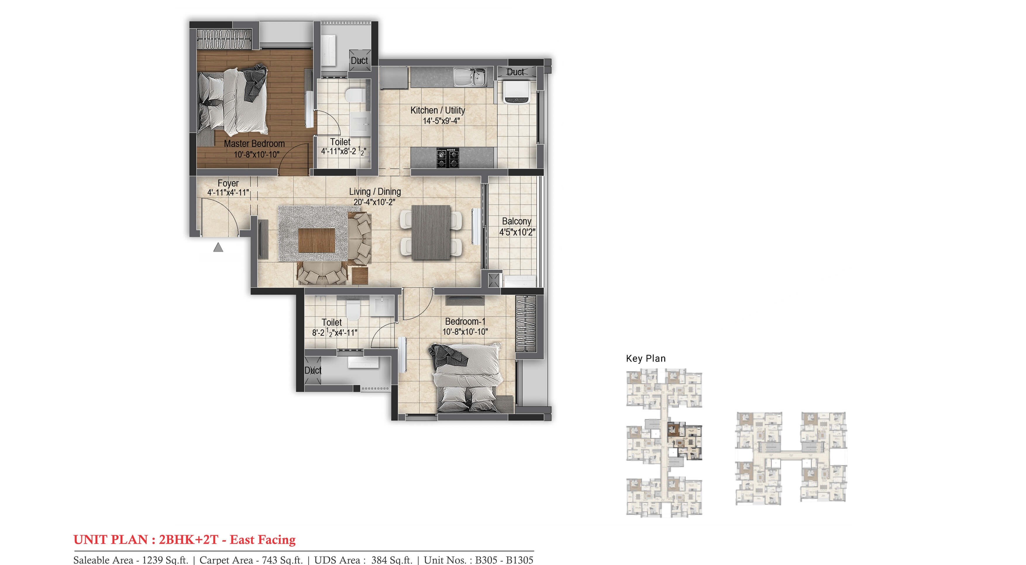 Floor plan of 2 BHK 1239 Sq. Ft. Apartment in DRA Skylantis, Chennai