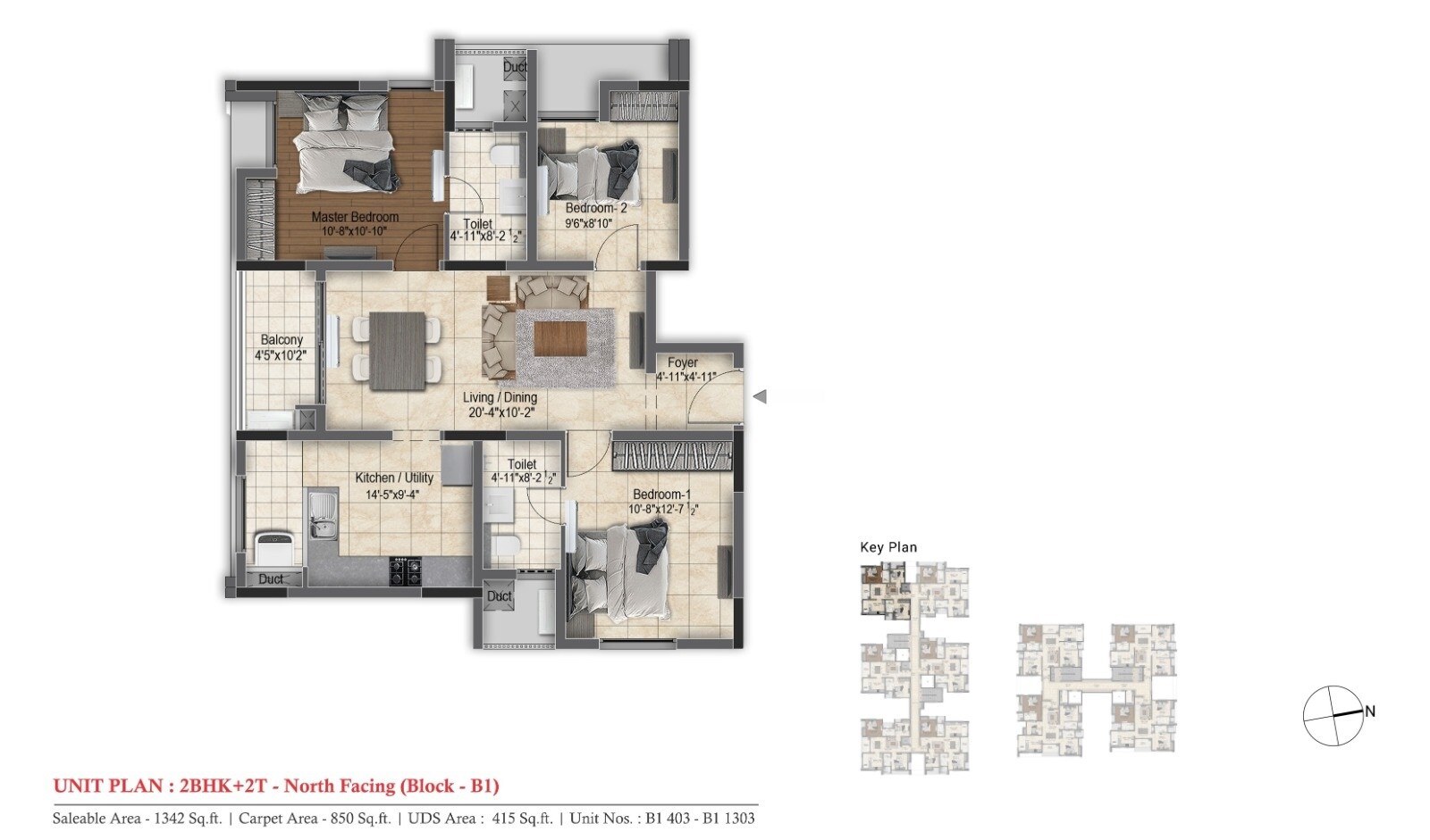 Floor plan of 3 BHK 1342 Sq. Ft. Apartment in DRA Skylantis, Chennai