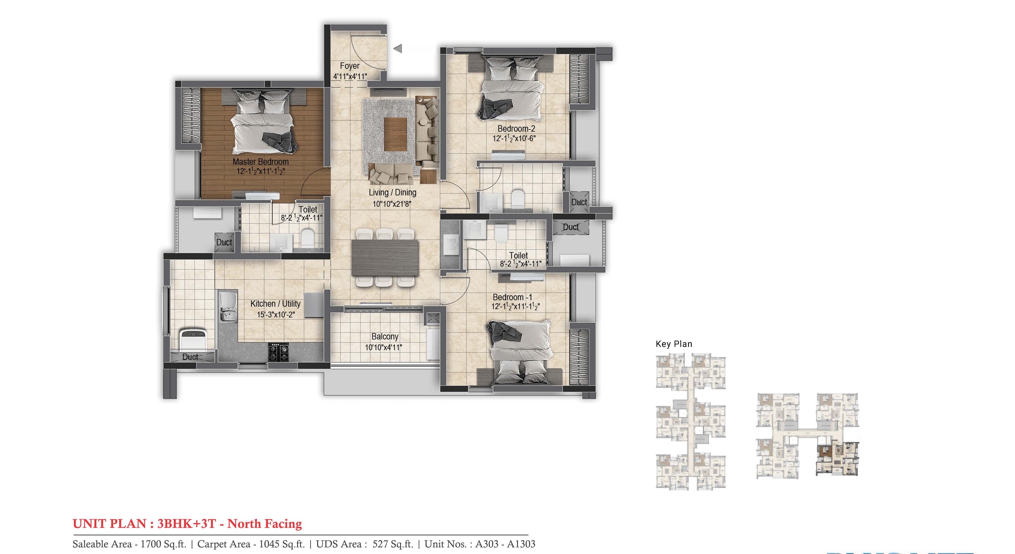 Floor plan of 3 BHK 1700 Sq. Ft. Apartment in DRA Skylantis, Chennai