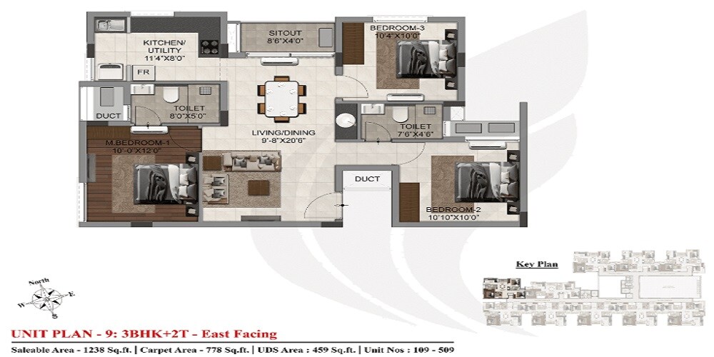 Floor plan of 3 BHK 1238 Sq. Ft. Apartment in DRA Trinity, Chennai