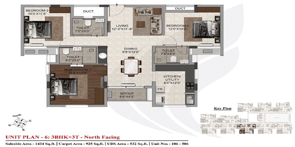 Floor plan of 3 BHK 1434 Sq. Ft. Apartment in DRA Trinity, Chennai