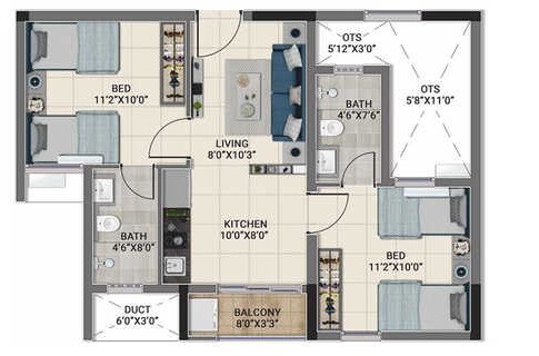 Floor plan of 2 BHK 762 Sq. Ft. Apartment in DRA Truliv, Chennai