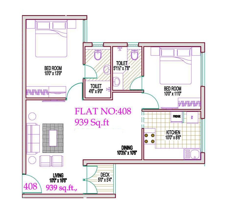 Floor plan of 2 BHK 918 Sq. Ft. Apartment in DRK Royal Elite, Chennai