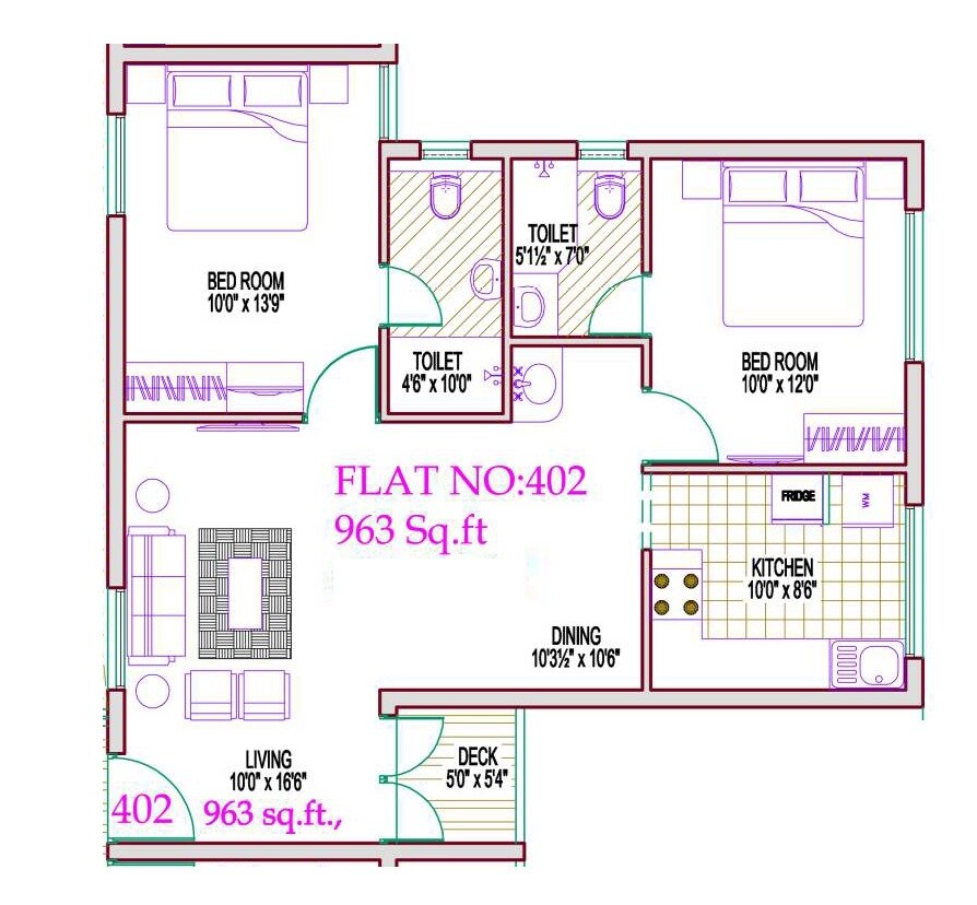 Floor plan of 2 BHK 963 Sq. Ft. Apartment in DRK Royal Elite, Chennai